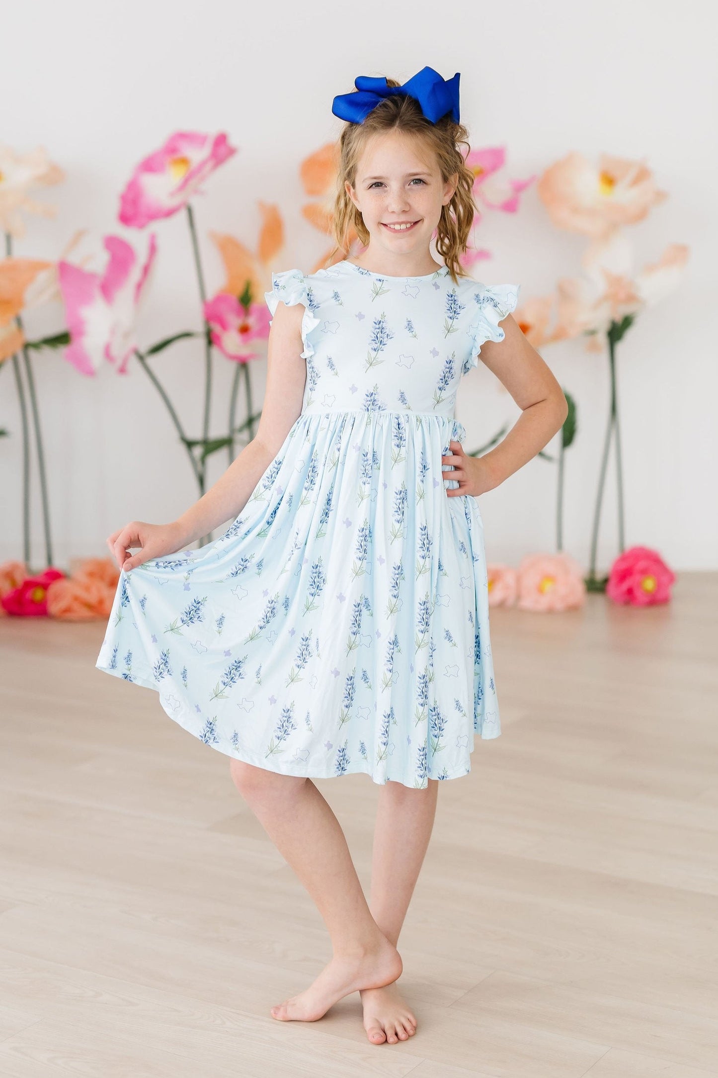 Mila & Rose Texas Bluebonnets Flutter Sleeve Twirl Dress