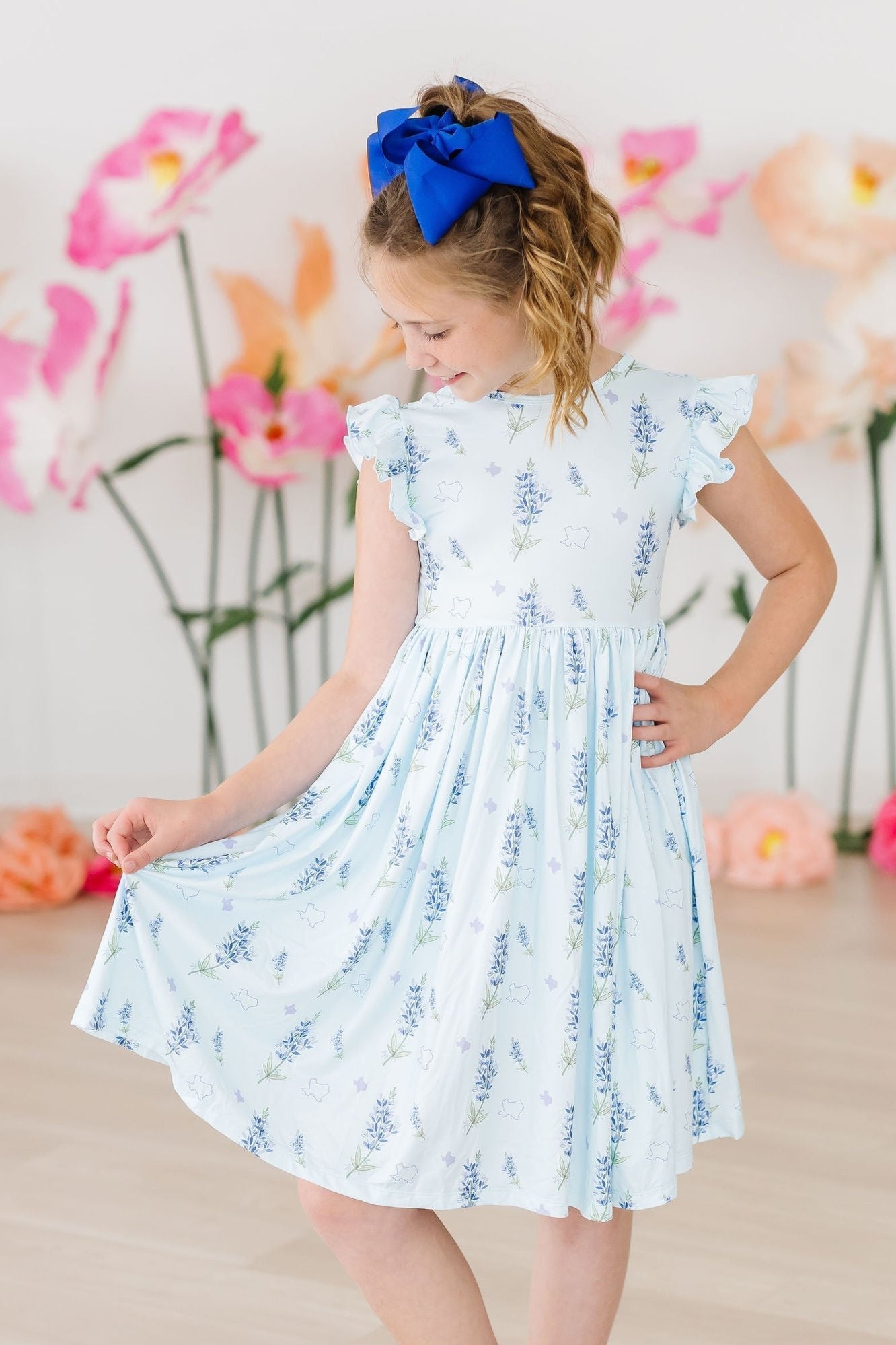 Mila & Rose Texas Bluebonnets Flutter Sleeve Twirl Dress