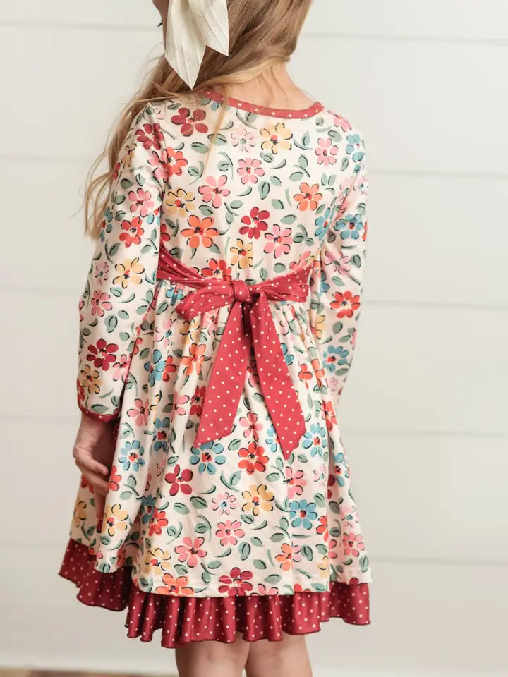 Adorable Sweetness Kids Cream & Burgundy Floral Ruffle Pocket Dress