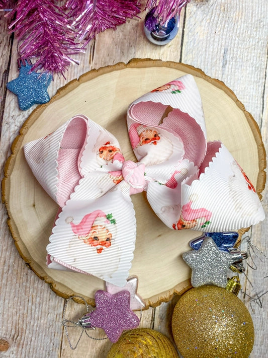 Scalloped Santa Print Pink Glitter Hair Bow