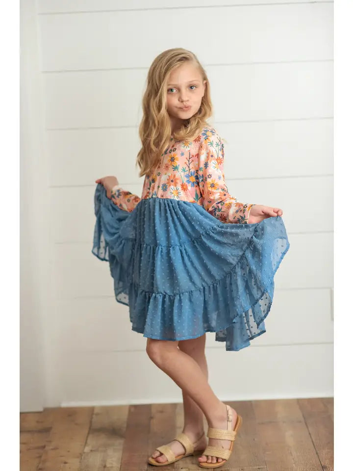 Adorable Sweetness Kids Dusty Blue Flower Print Swiss Dot Tulle Fall Dress