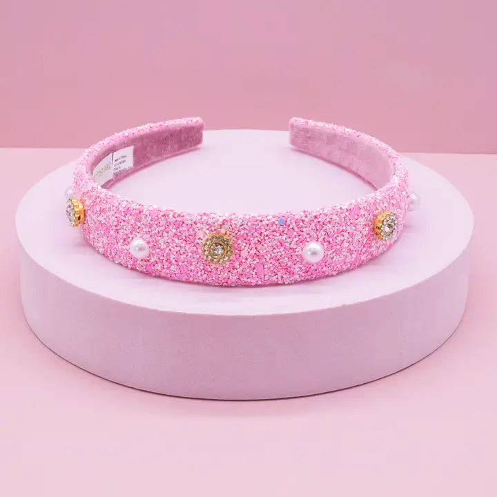 Frog Sac Embellished Pearl and Rhinestone Glitter Headband - Pink