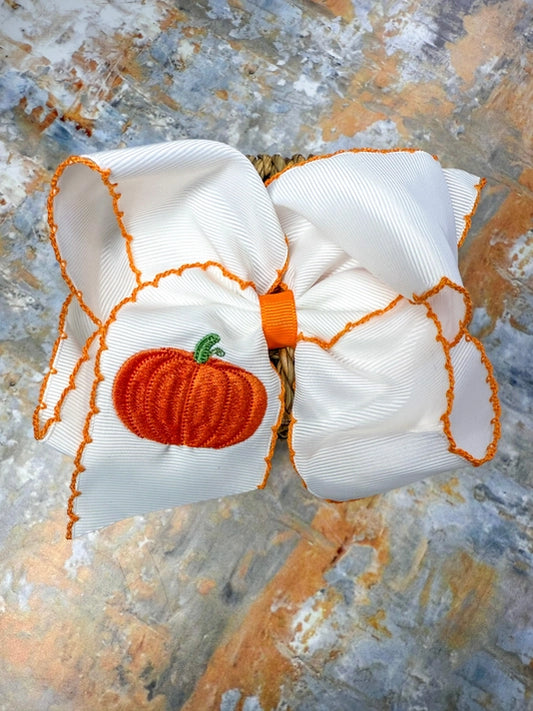 Orange Pumpkin Embroidered Moonstitch Hair Bow