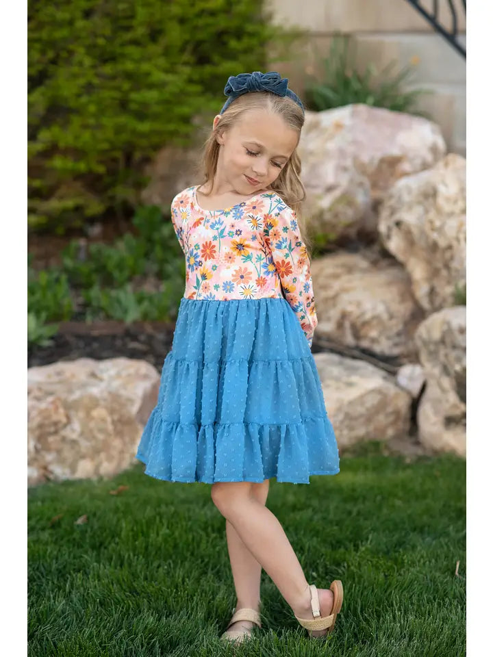 Adorable Sweetness Kids Dusty Blue Flower Print Swiss Dot Tulle Fall Dress