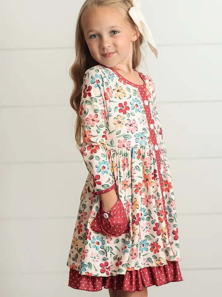 Adorable Sweetness Kids Cream & Burgundy Floral Ruffle Pocket Dress