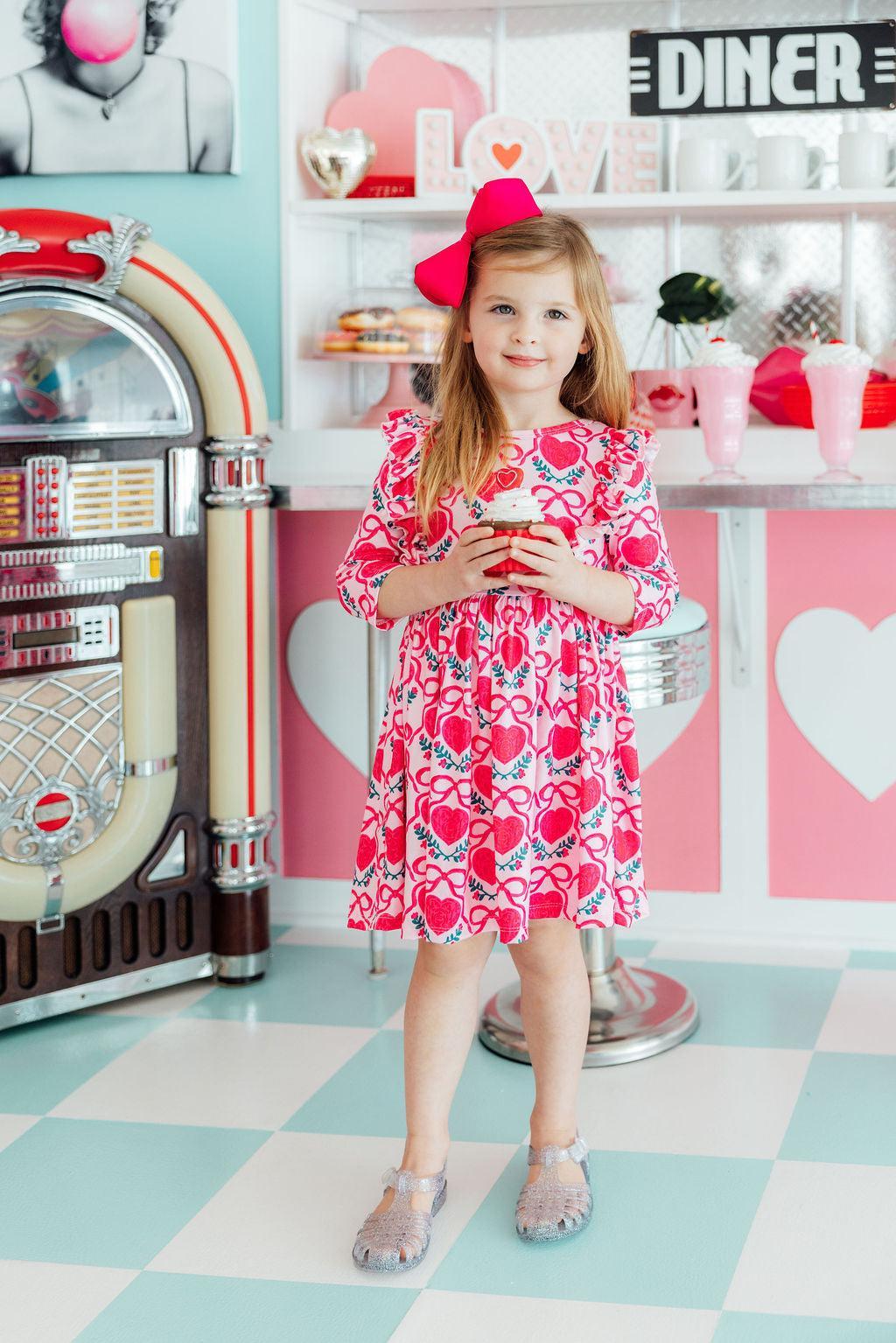 Mila and Rose Fluttering Hearts 3/4 Sleeve Ruffle Twirl Dress