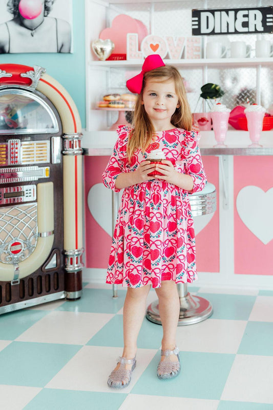 Mila and Rose Fluttering Hearts 3/4 Sleeve Ruffle Twirl Dress