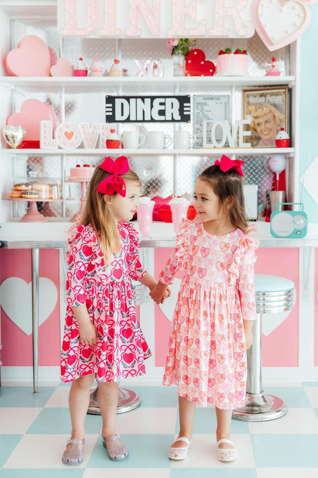 Mila and Rose Fluttering Hearts 3/4 Sleeve Ruffle Twirl Dress