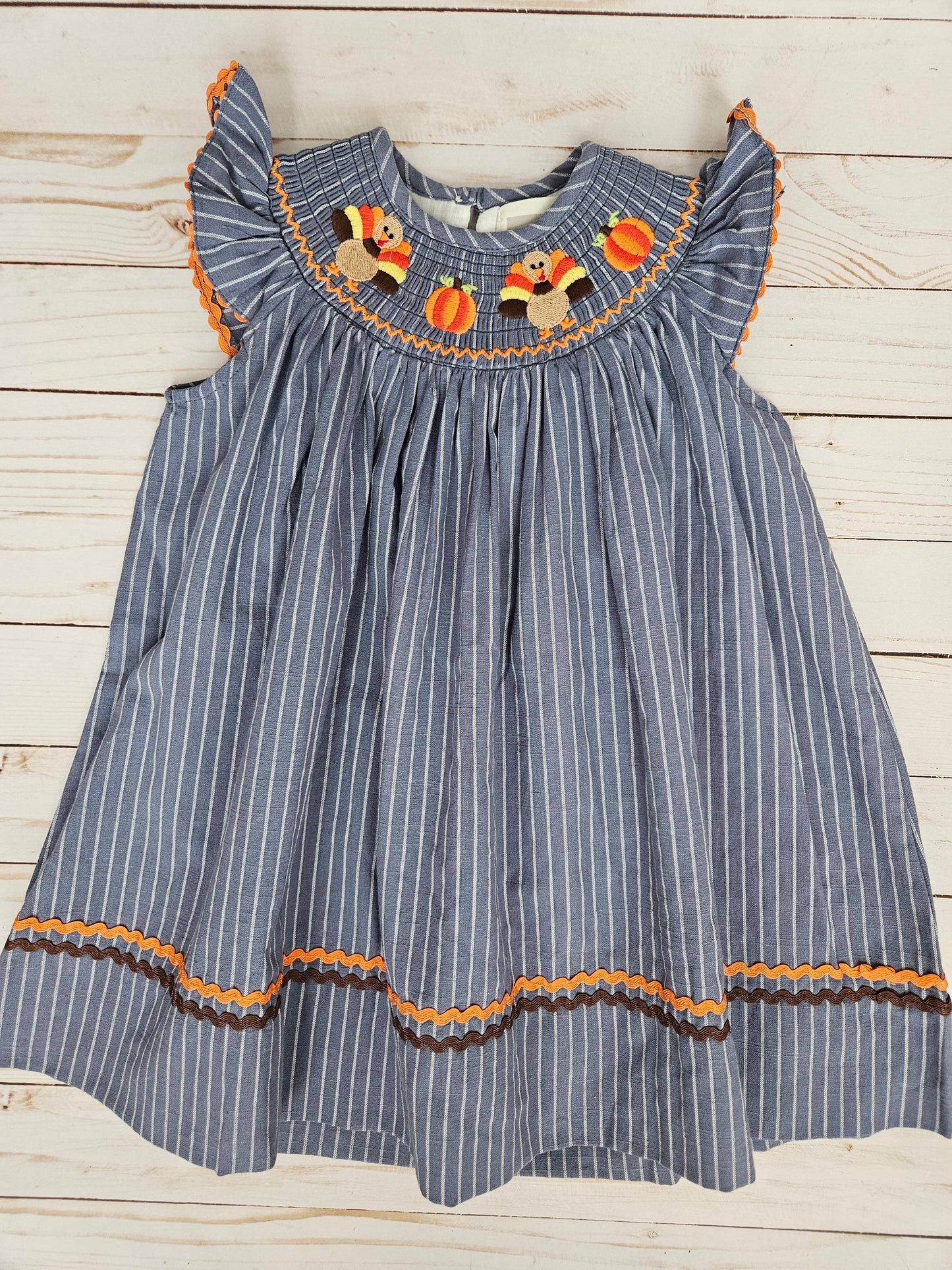 Lil Cactus Gray Blue Smocked Turkey & Pumpkins Bishop Dress