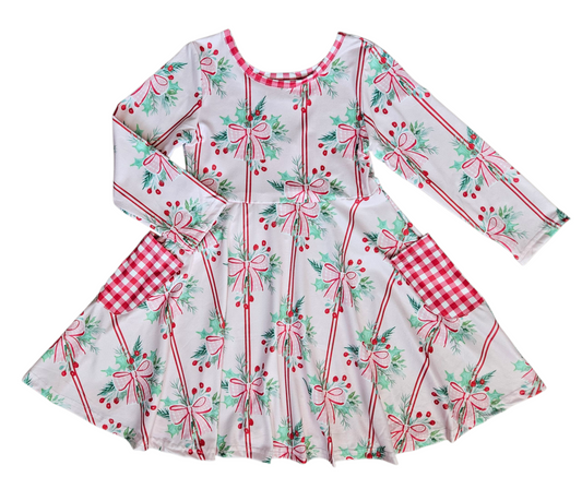 Holly Bows & Stripes Twirl Dress