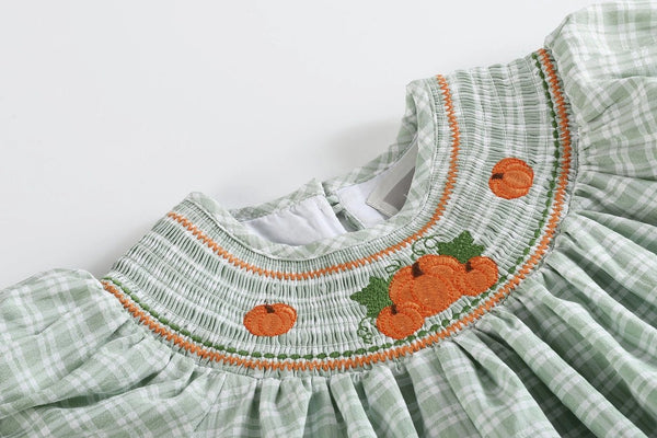 Lil Cactus Sage Green Plaid Pumpkin Smocked Bishop Dress