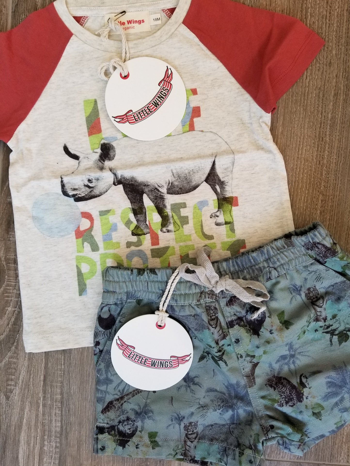 Little Wings Love Respect Protect Rhino T-Shirt and Hawaiian Print Shorts Set