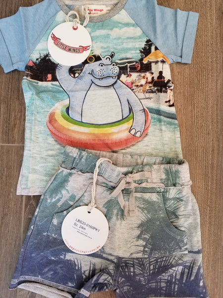 Little Wings Happy Snapper Hippo T-Shirt and Hello Palms Shorts Set