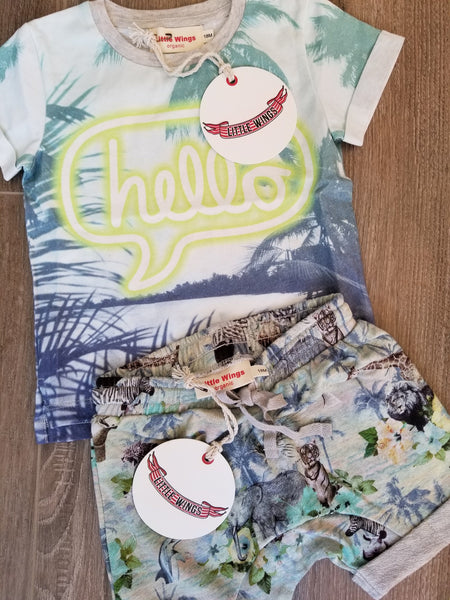 Little Wings Hello Cuff T-Shirt and Boys Hawaiian Print Shorts Set