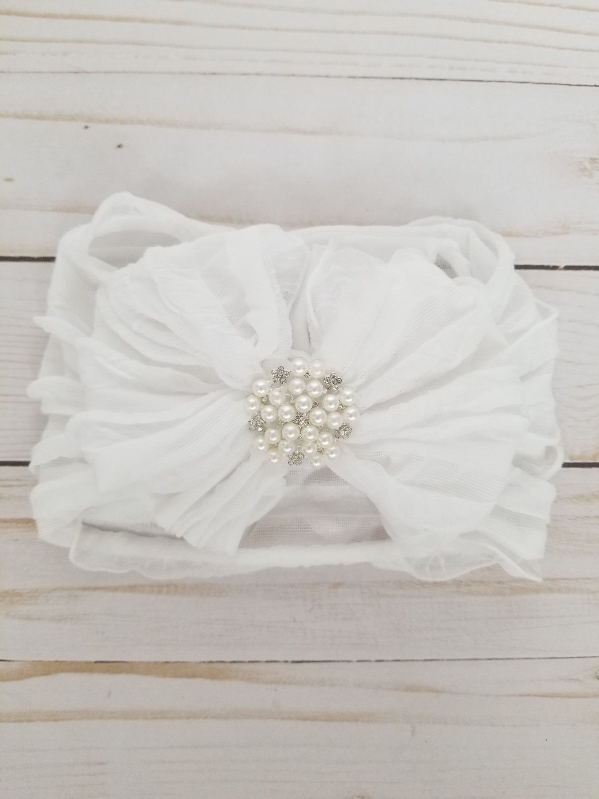 In Awe Couture White Pearl Ruffled Headband