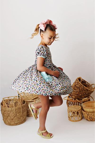 Swoon Baby Rainbow Leopard Peony Bow Pocket Dress Style 23-45