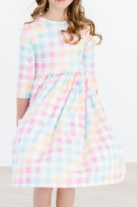 Mila & Rose Pastel Plaid 3/4 Sleeve Pocket Twirl Dress