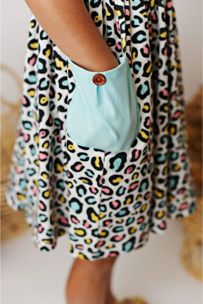 Swoon Baby Rainbow Leopard Peony Bow Pocket Dress Style 23-45