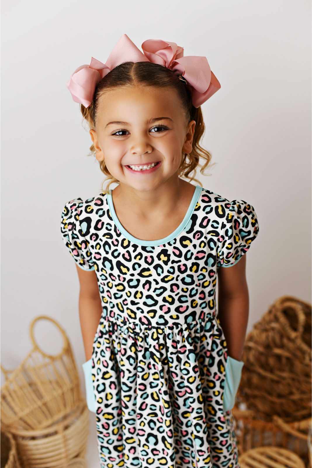 Swoon Baby Rainbow Leopard Peony Bow Pocket Dress Style 23-45