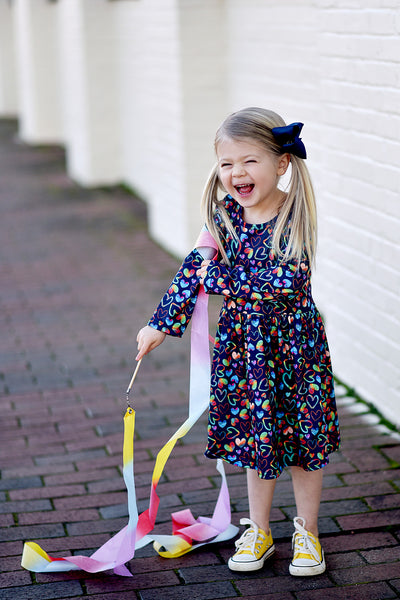 Girls Valentine's Navy Multicolor Heart Twirl Dress