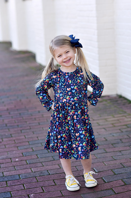 Girls Navy Heart Multicolor Twirl Dress