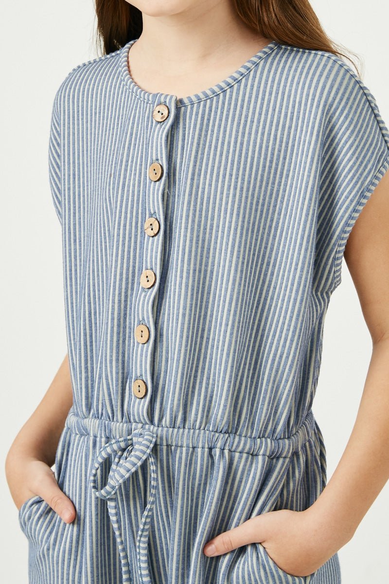 Hayden Girls Buttoned Stripe Knit Romper - Blue