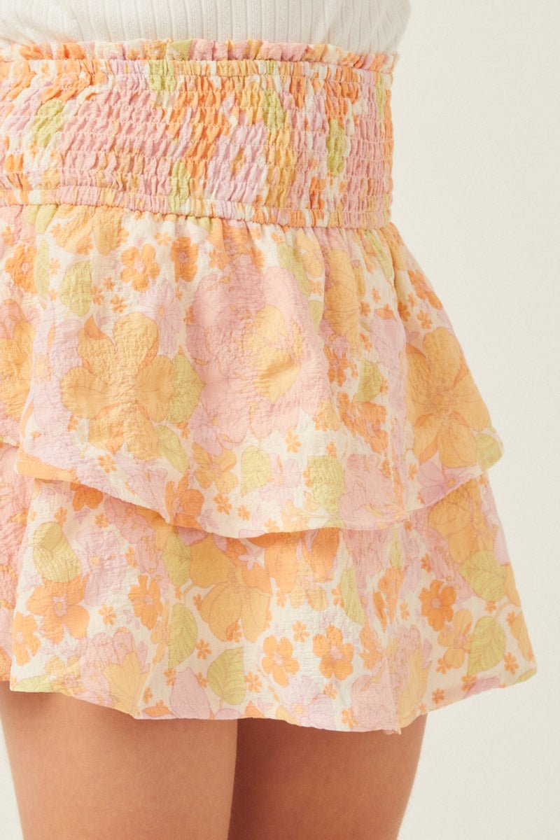 Hayden Girls Textured Floral Smocked Waist Layered Skirt - Pink