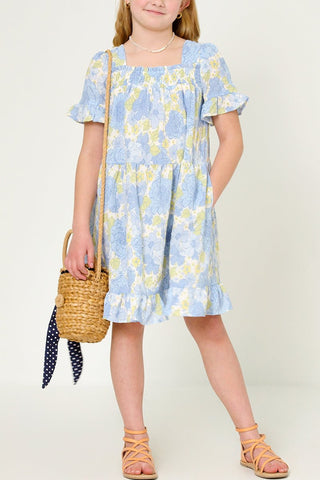 Hayden Girls Textured Floral Smocked Square Neck Midi Dress - Blue