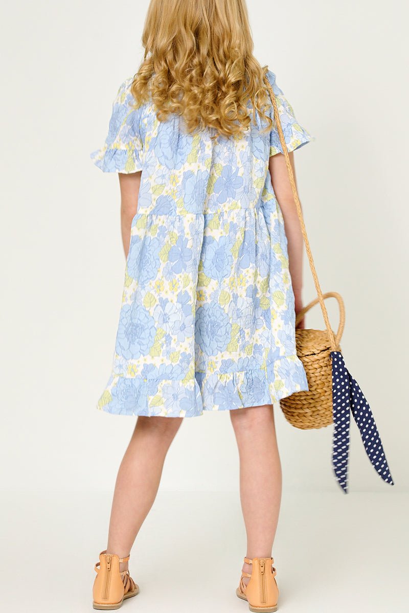 Hayden Girls Textured Floral Smocked Square Neck Midi Dress - Blue