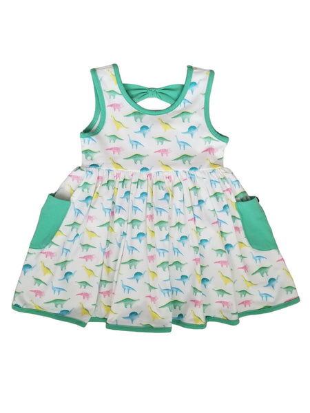 Swoon Baby Watercolor Dino Peony Bow Pocket Dress Style 23-56