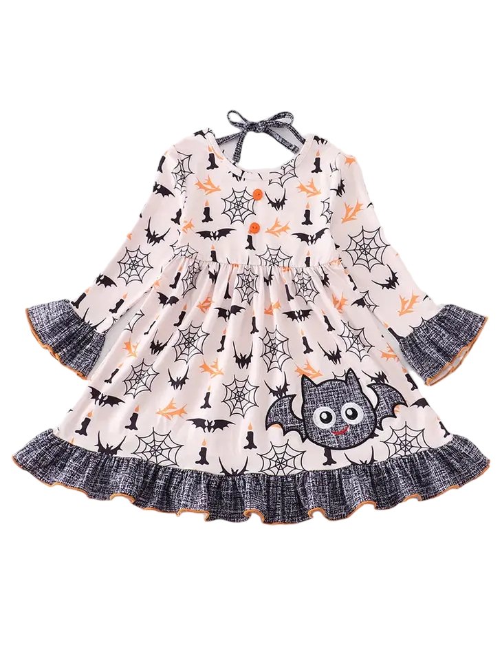 Girls Halloween Bat Applique Ruffle Twirl Dress