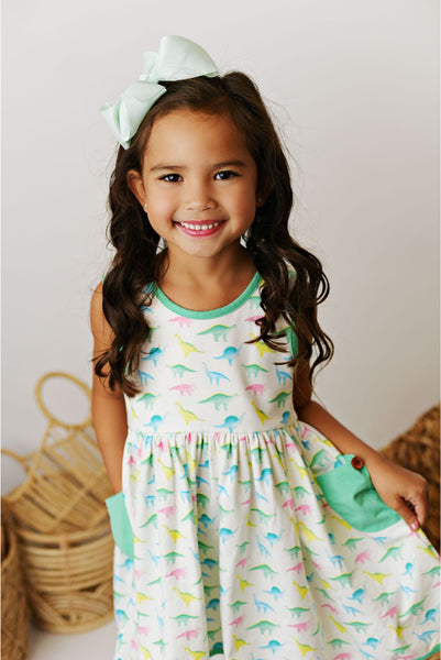 Swoon Baby Watercolor Dino Peony Bow Pocket Dress Style 23-56