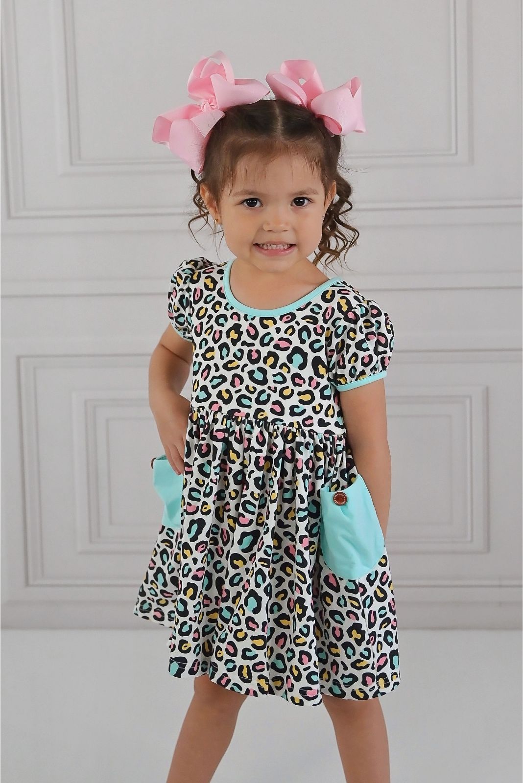 Swoon Baby Rainbow Leopard Peony Bow Pocket Dress Style 23-45