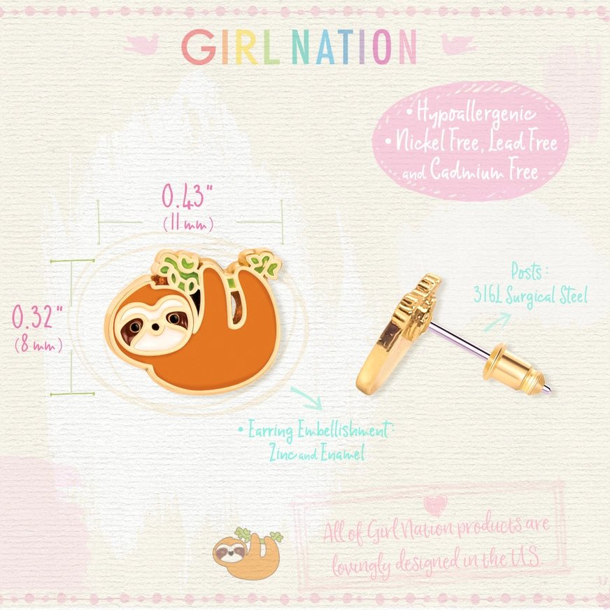 Girl Nation Cutie Stud Earrings - Playful Sloth