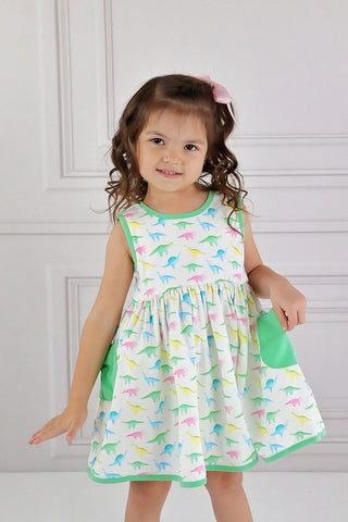 Swoon Baby Watercolor Dino Peony Bow Pocket Dress Style 23-56