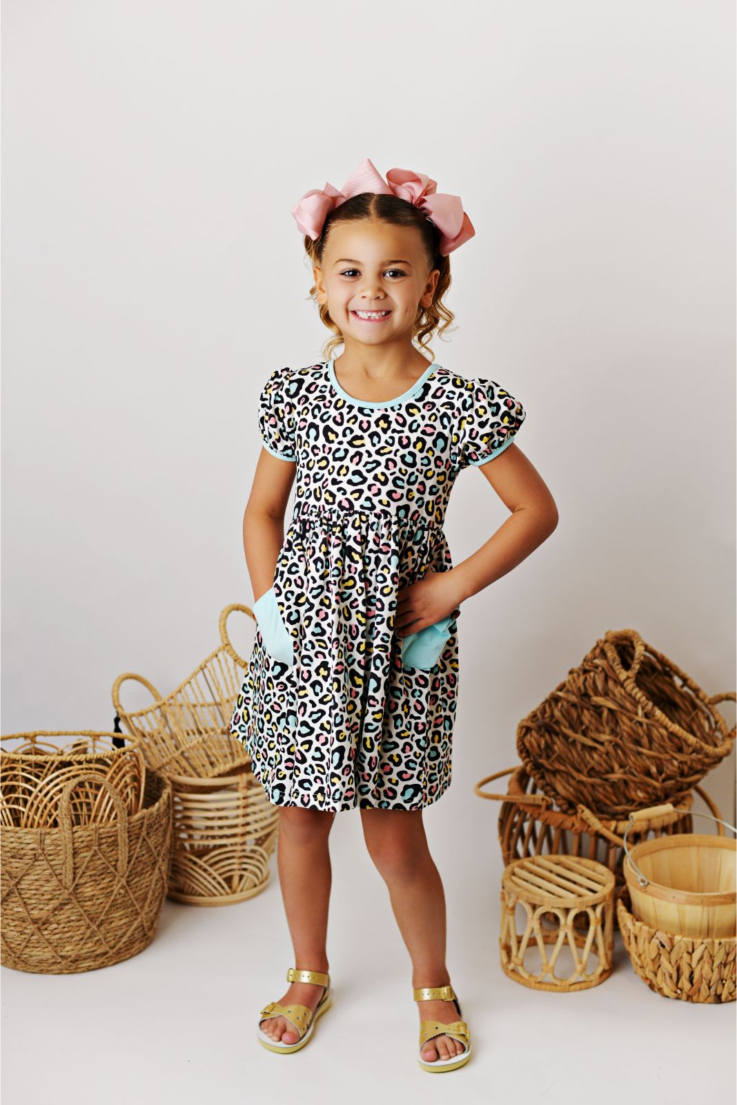 Swoon Baby Rainbow Leopard Peony Bow Pocket Dress Style 23-45